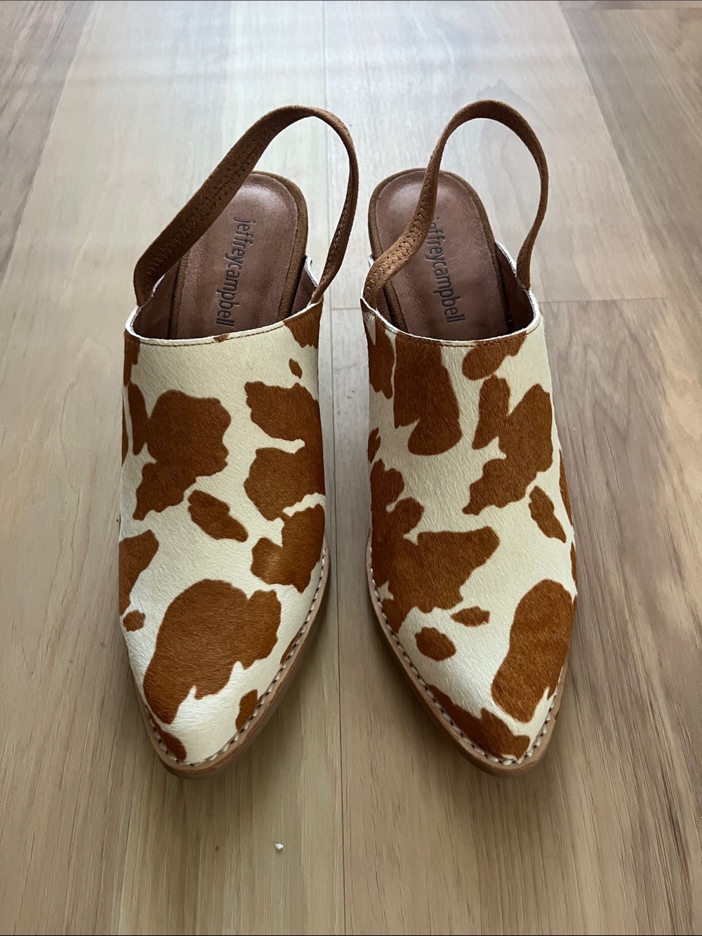 Jeffrey Campbell Cow-Print Slingback Mules in Brown and Cream